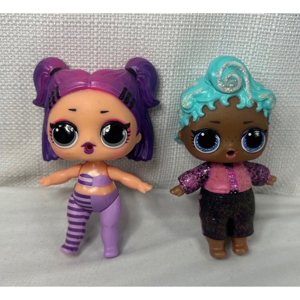 LOL Surprise Dolls Lot of 2 Purple Hair Striped Outfit Teal Hair Glitter Pink